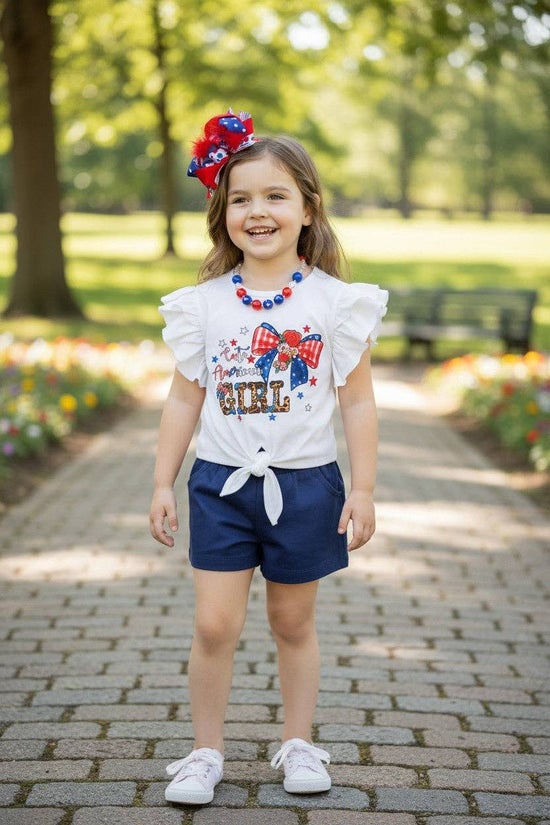 "Cute American Girl" White side knot top with angel sleeves