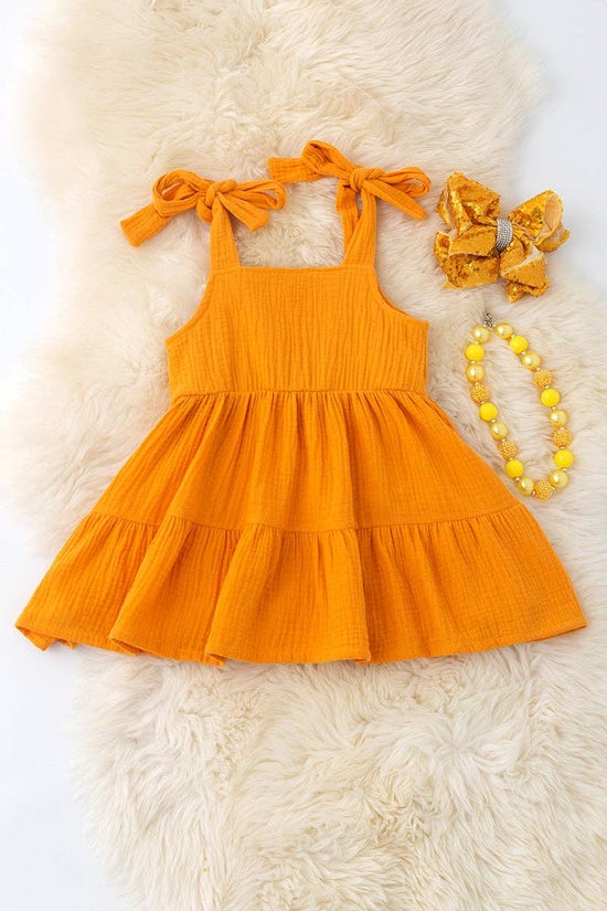 Mustard gauze crinkle fabric dress