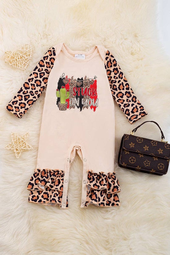 🌸Stuck on you" Cactus printed baby romper w/leopard printed sleeves. RPG05203004 SOL