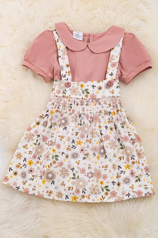 SMOKED FLORAL OVERALL DRESS WITH BLUSH SHIRT.