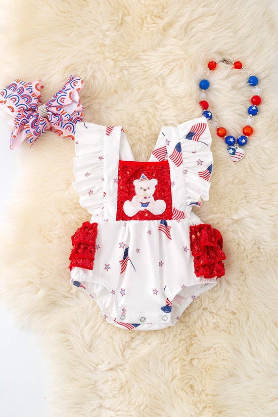 Patriotic teddy bear printed girls romper with ruffle hem. PNG50110 JEAN