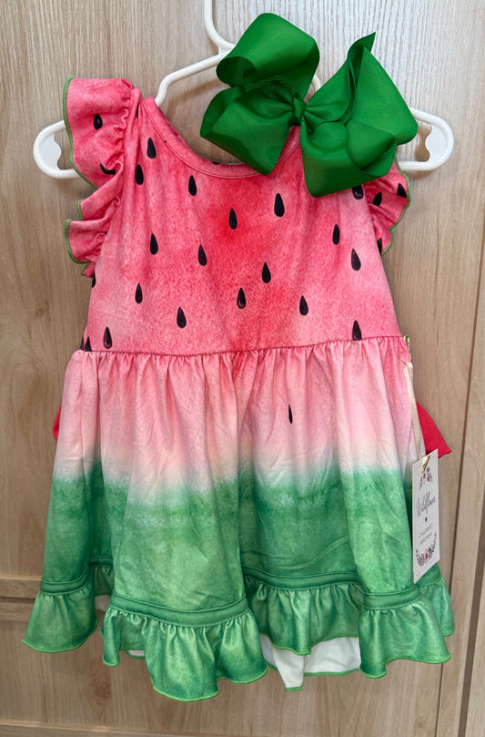 Watermelon tie dye tunic with ruffle sleeves and red shorts 2T