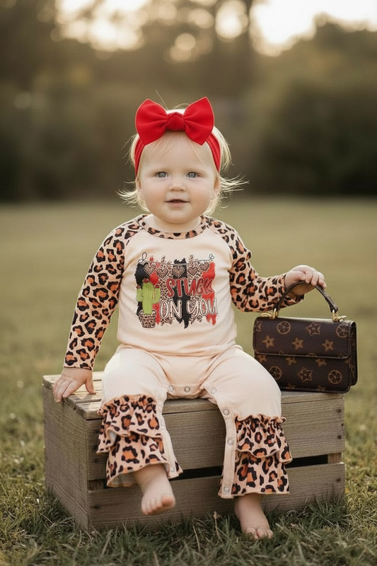 🌸Stuck on you" Cactus printed baby romper w/leopard printed sleeves. RPG05203004 SOL