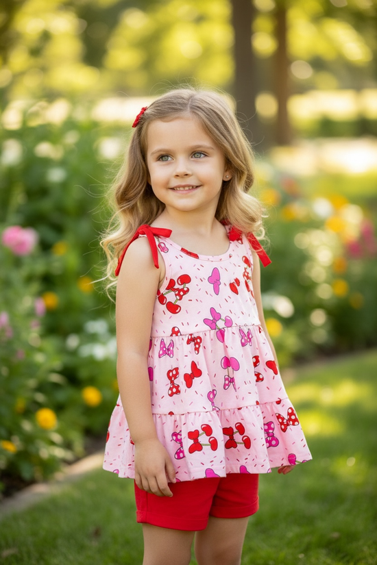 🌸Bow printed ruffle tunic & red shorts.