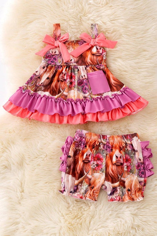 Highland cow printed top with matching bubble bloomers.