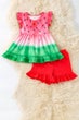 Watermelon tie dye tunic with ruffle sleeves and red shorts 2T