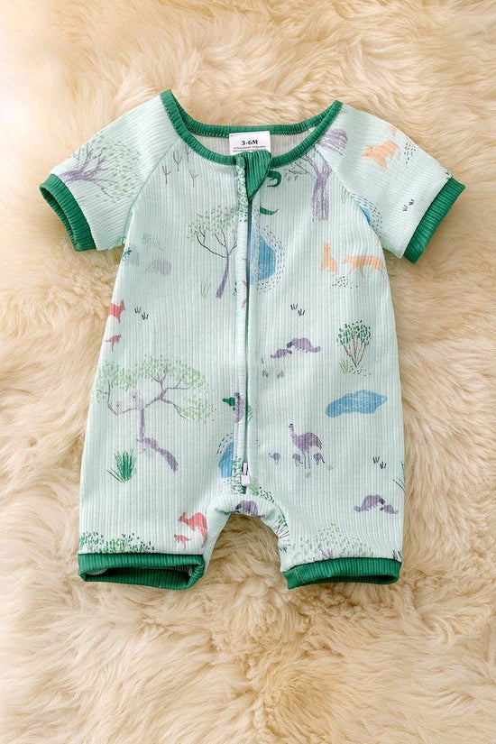 Adventure-animal printed baby romper w/zipper.