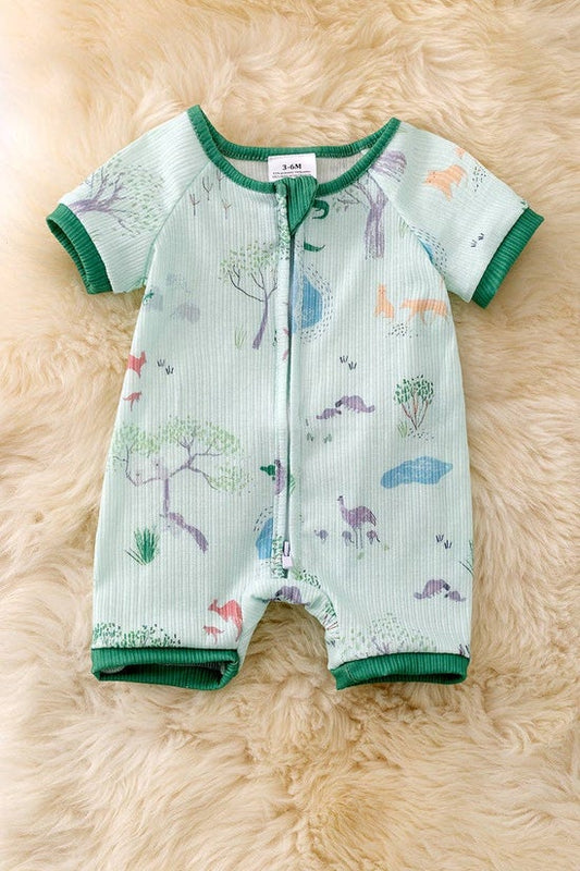 Adventure-animal printed baby romper w/zipper.