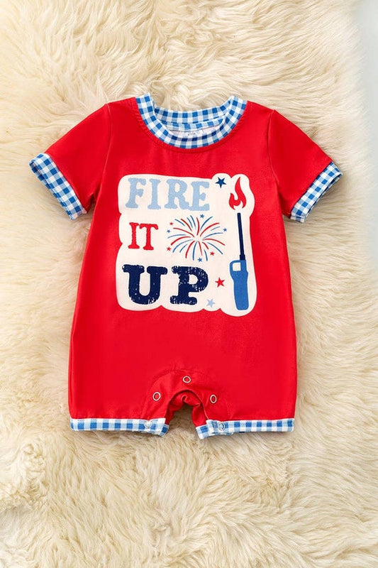 "Fire it up" Red baby romper with gingham trim.