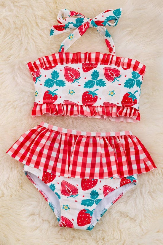 Strawberry printed swim set w/plaid ruffle.