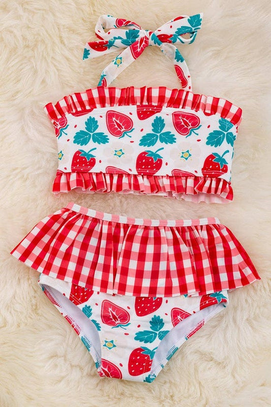 Strawberry printed swim set w/plaid ruffle.