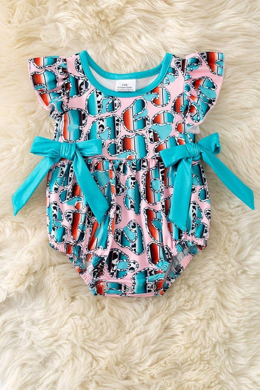 Serape, cheetah printed baby romper w/snaps.