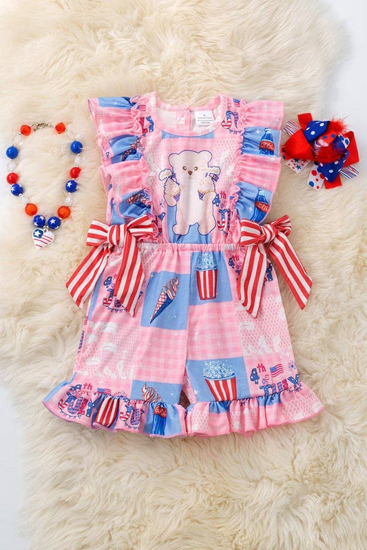 4TH of July" Girls pink patriotic dress with ruffle hem