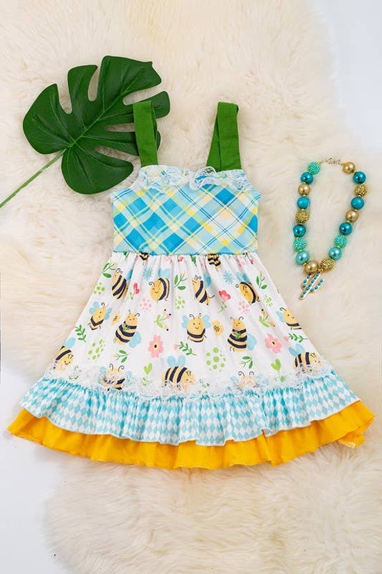 Plaid bee printed girls ruffle hem dress. DRG15134018 JEAN