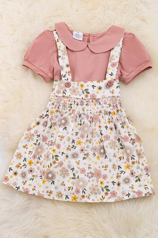 SMOKED FLORAL OVERALL DRESS WITH BLUSH SHIRT.