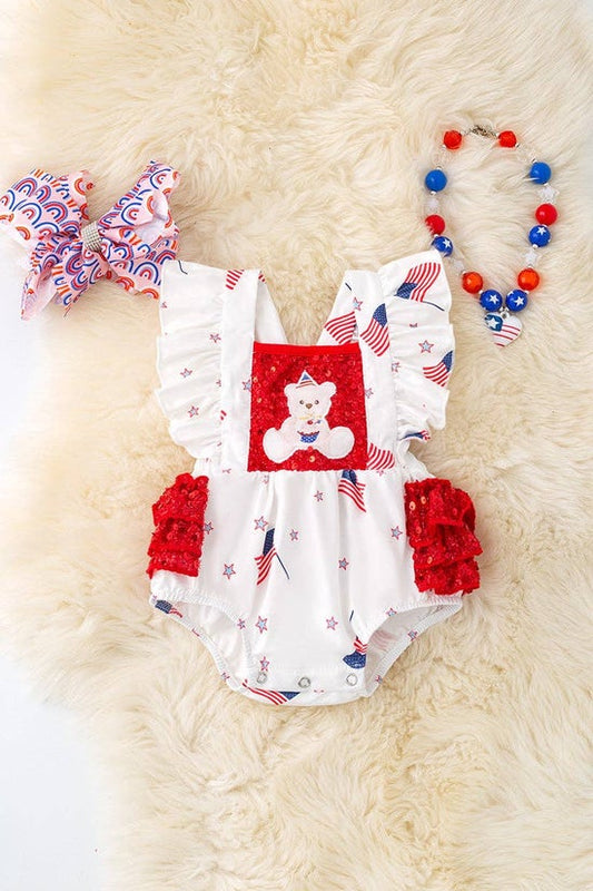 Patriotic teddy bear printed girls romper with ruffle hem. PNG50110 JEAN